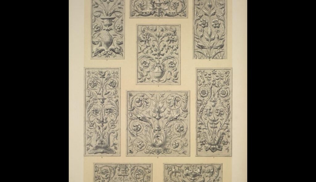 Renaissance Ornament no. 1. Renaissance ornaments in relief, from photographs taken from casts in th - Owen Jones Tablo