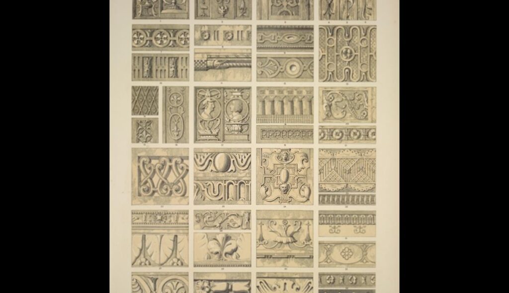 Renaissance Ornament no. 8. Ornaments from stone and wood from the collections of the and Louvre and - Owen Jones Tablo