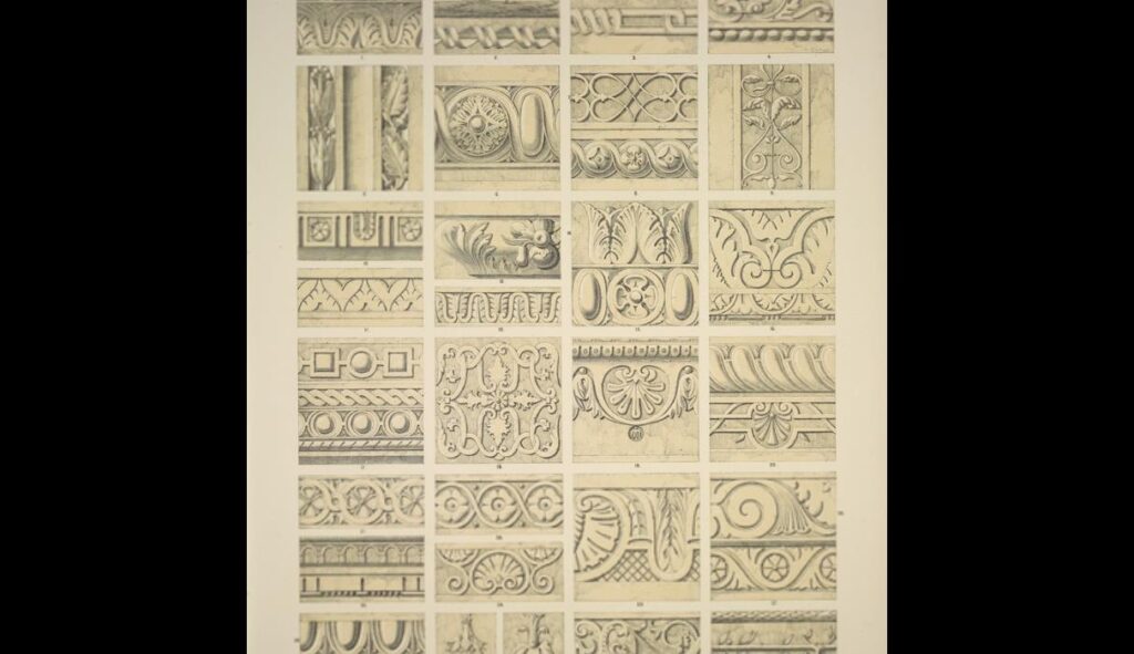 Renaissance Ornament no. 9. Ornaments from stone and wood from the collections of the and Louvre and - Owen Jones Tablo