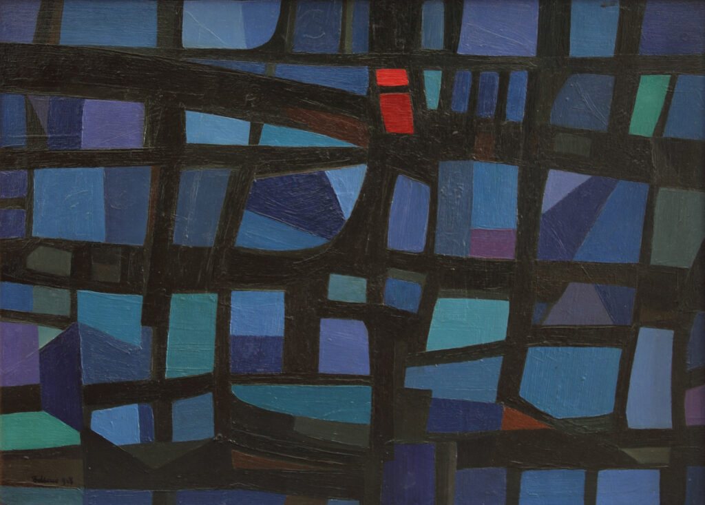 Reticolo nero diversi blu rosso verso destra (1948) - Mario Ballocco Tablo