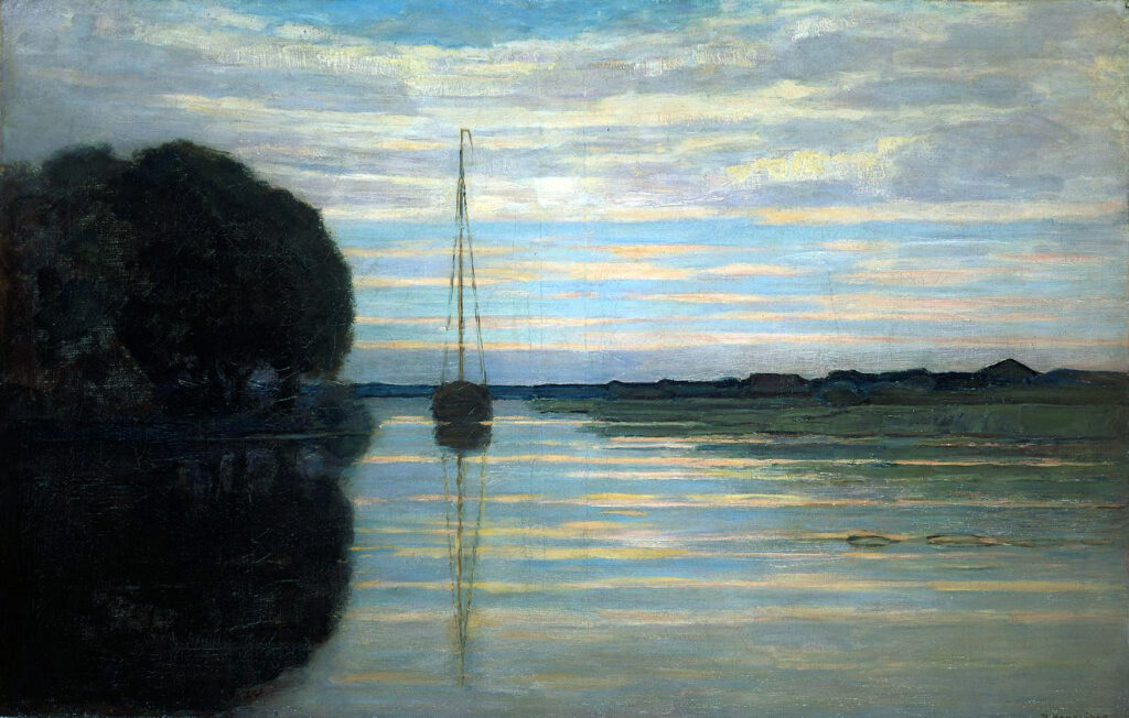 River view with a boat Sun (1907) - Piet Mondrian Tablo