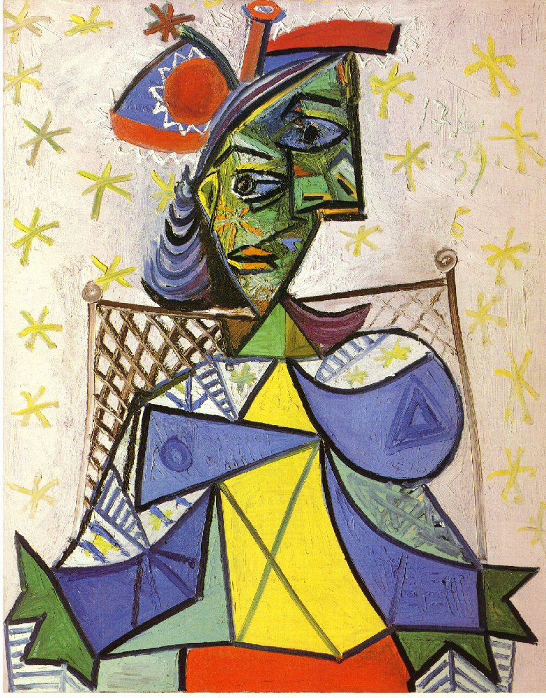 Seated woman with blue and red hat (1939) - Pablo Picasso Tablo