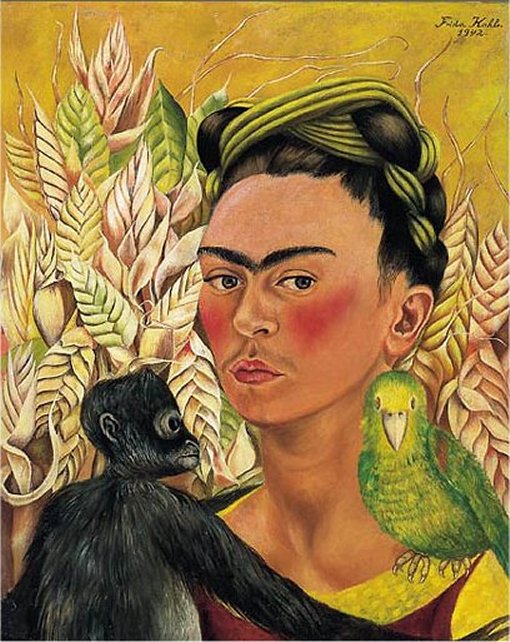 Self Portrait with Monkey and Parrot (1942) – Frida Kahlo Tablo
