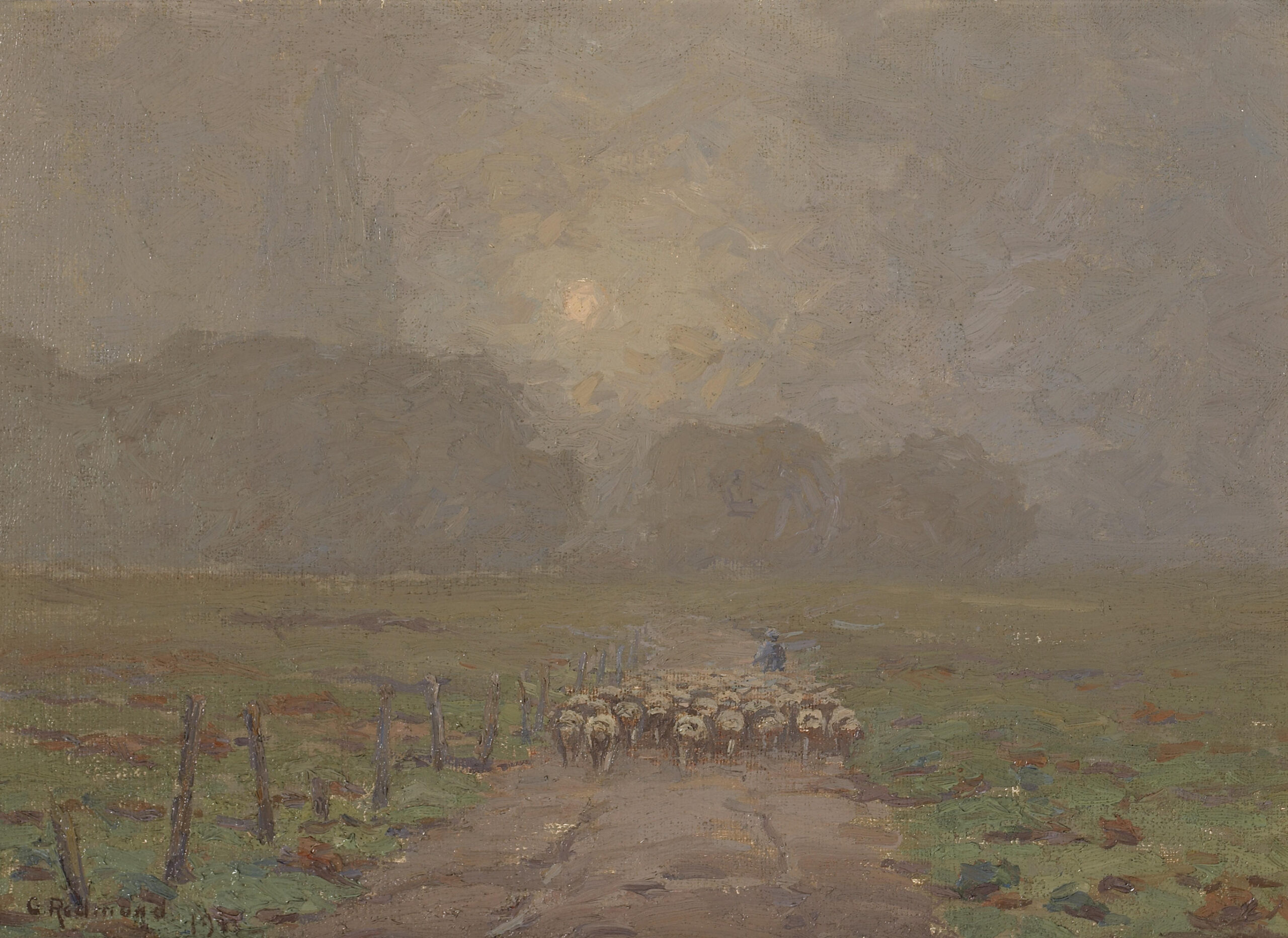 Shepherd Herding Sheep in a Misty Landscape - Granville Redmond Tablo