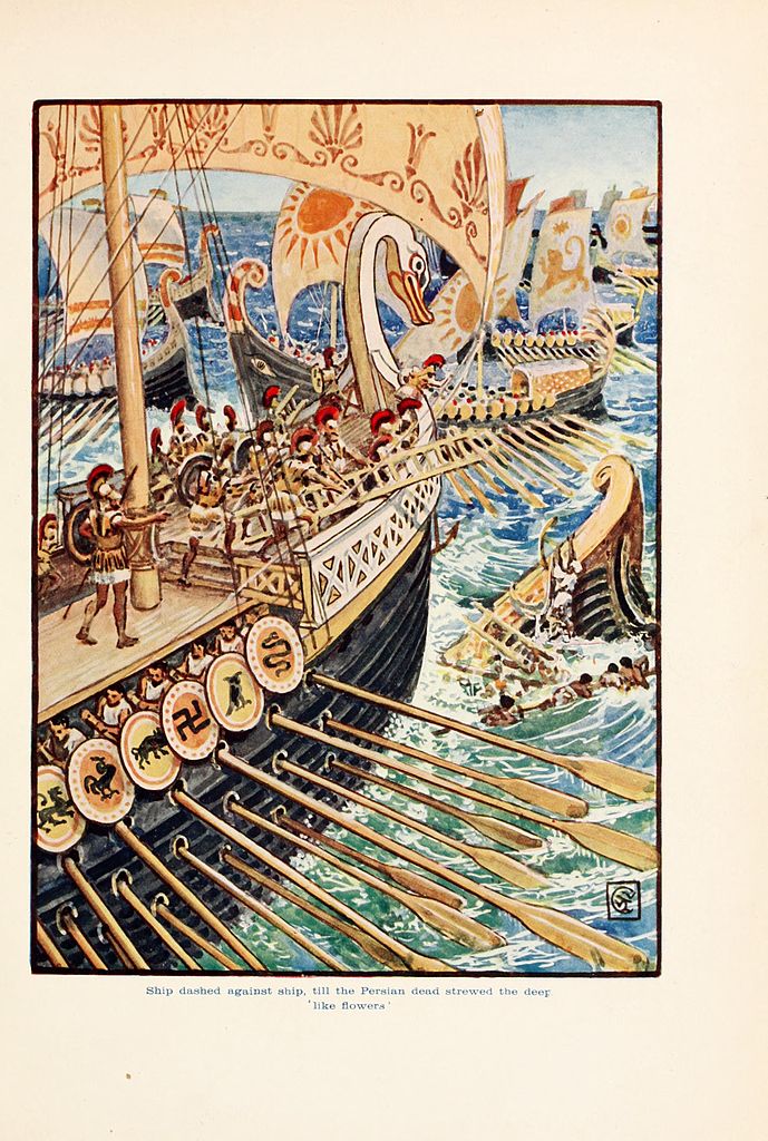 Ship dashed against ship, till the Persian Army dead strewed the deep like flowers – Walter Crane Tablo