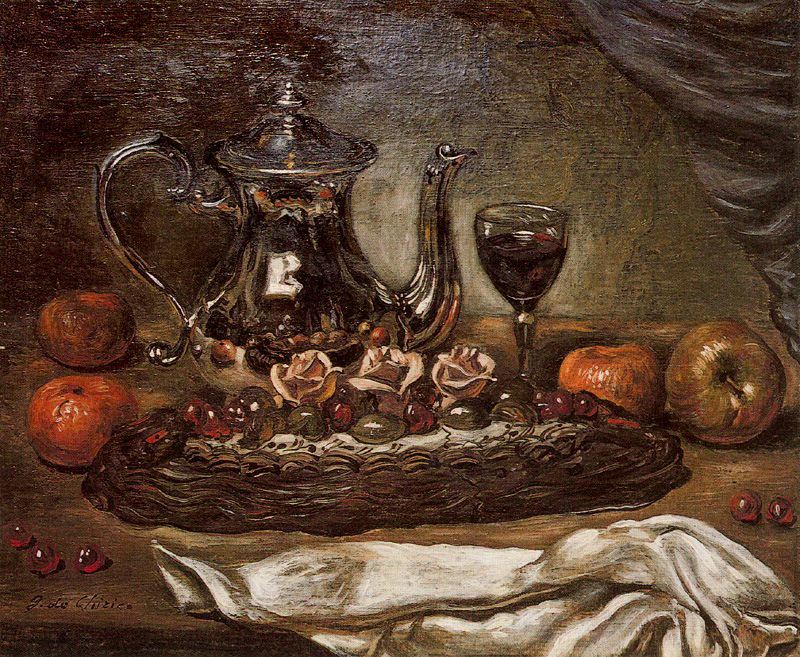 Silver teapot and cake on a plate – Giorgio de Chirico Tablo