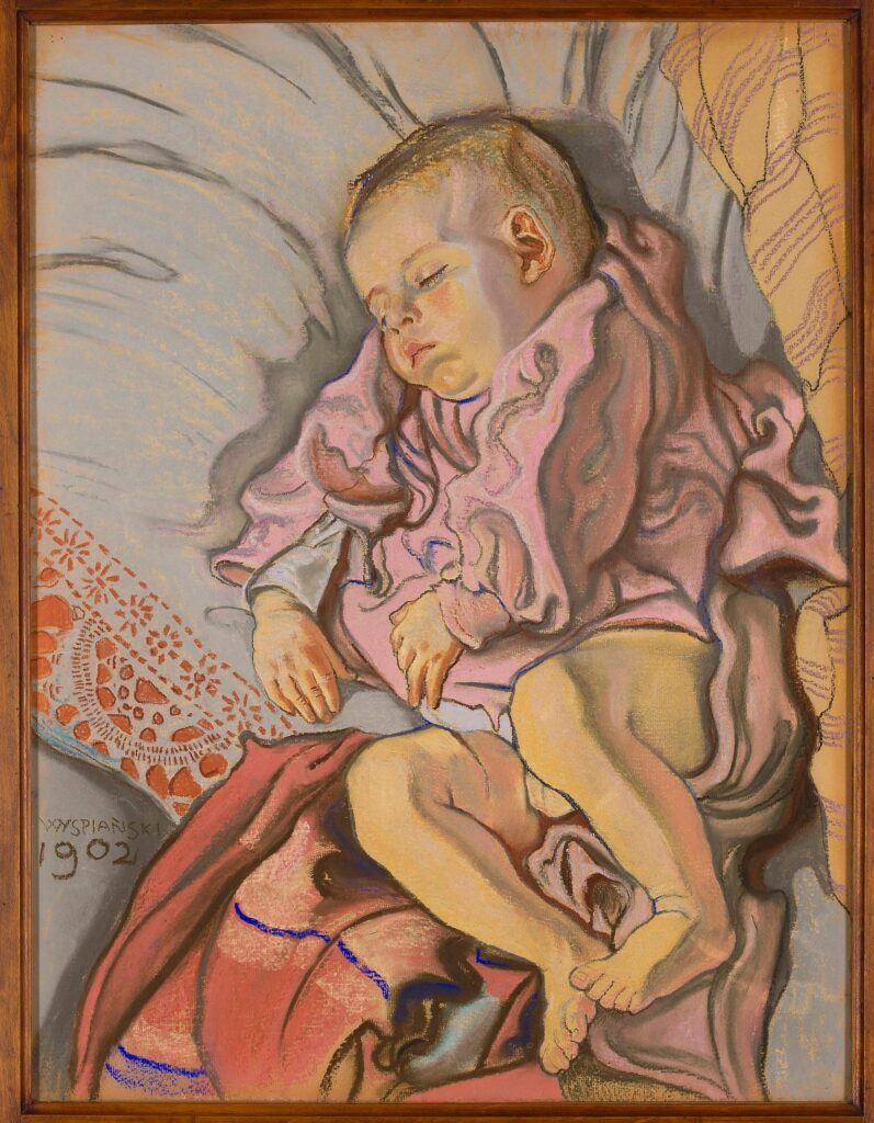 Sleeping child on a pillow (1902) - Stanisław Wyspiański Tablo