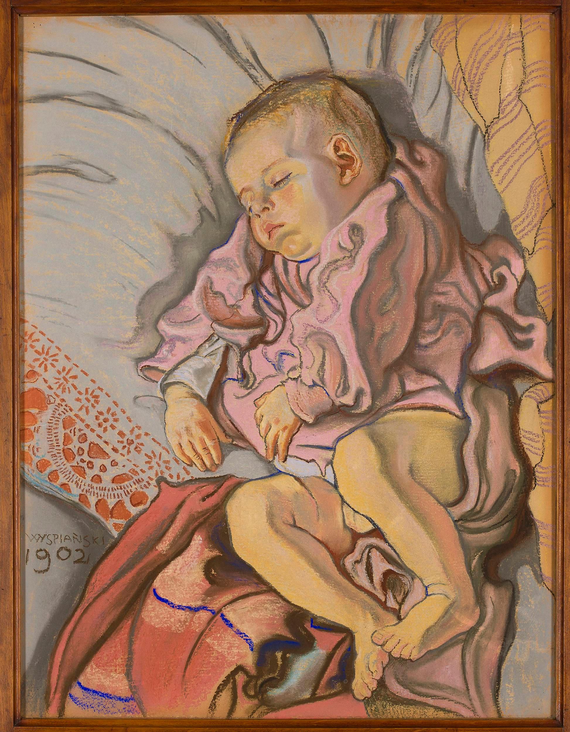 Sleeping child on a pillow (1902) - Stanisław Wyspiański Tablo