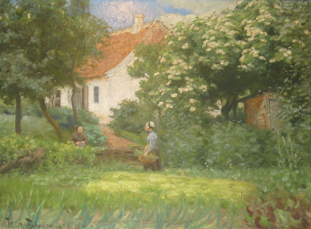 Sommerdag I Haven. to Kvinder I Samtale Ved Blomstrende Kastanjetræ (1892) - Hans Andersen Brendekilde Tablo
