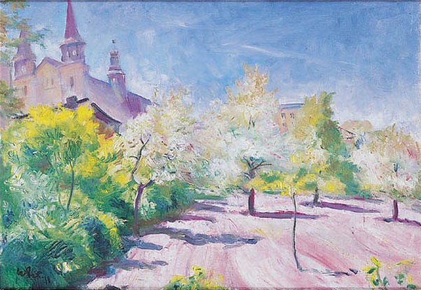 Spring Orchard with a Church - Wojciech Weiss Tablo