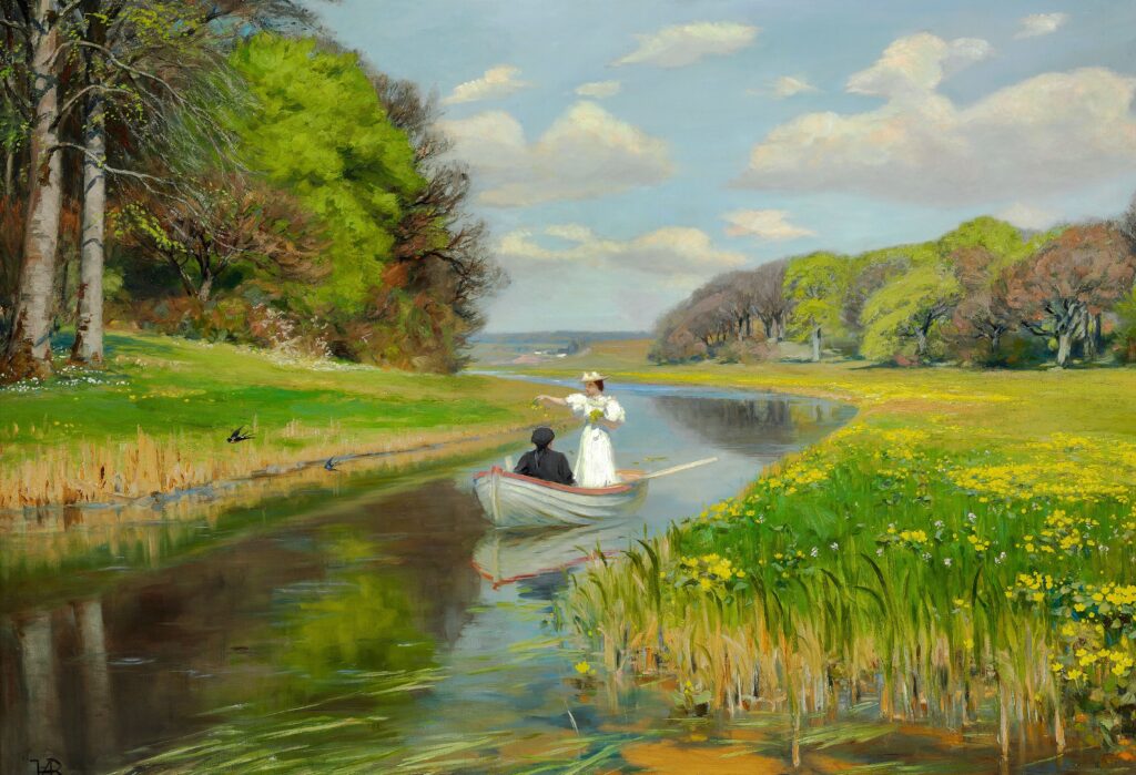 Spring. a Young Couple in a Rowing Boat on Odense Å (1896) - Hans Andersen Brendekilde Tablo
