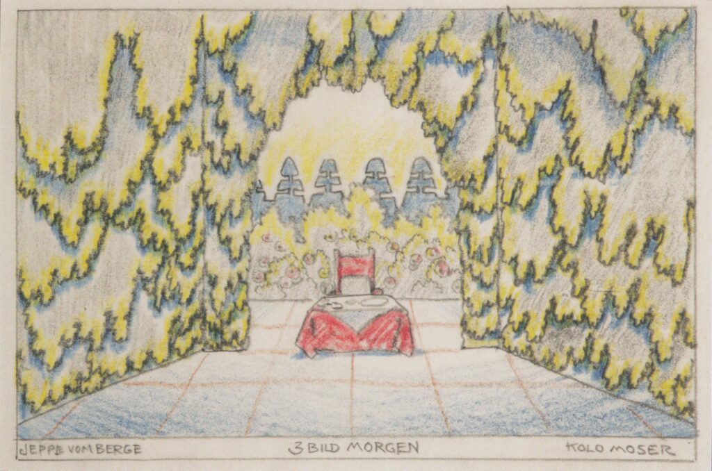 Stage design for 'Jeep from the mountain' of Louis Holzberg, stage 2 Morning (1912) - Koloman Moser Tablo