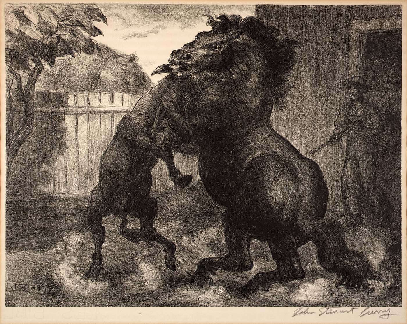 Stallion and Jack Fighting (1943) - John Steuart Curry Tablo