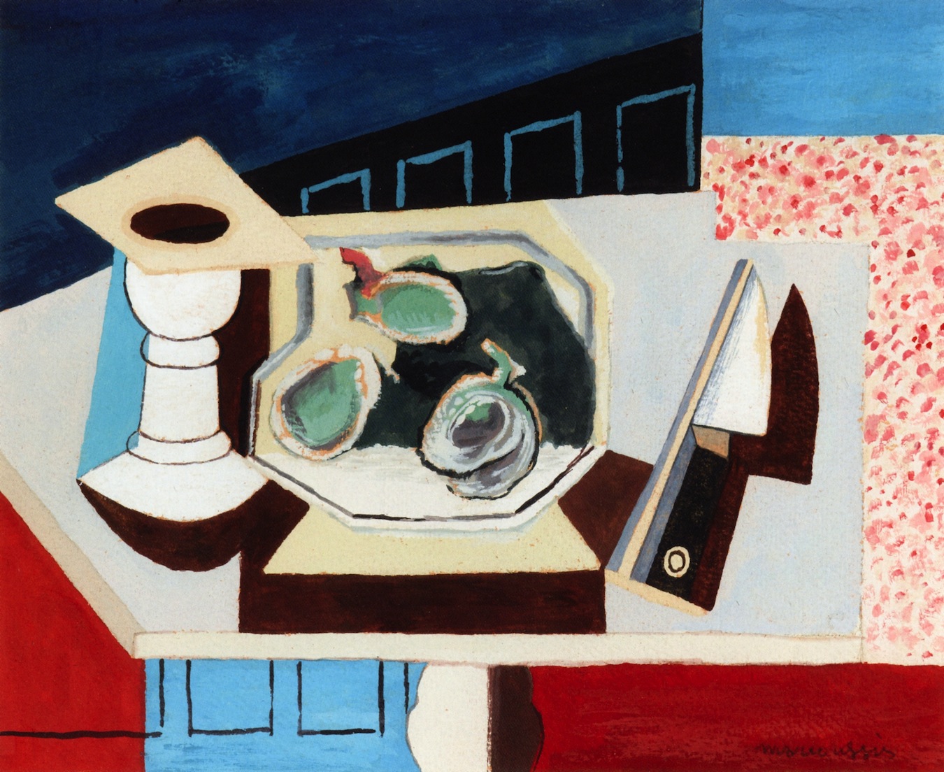 Still LIfe with Pomegranates and Knife on a Pedestal (1925) - Louis Marcoussis Tablo