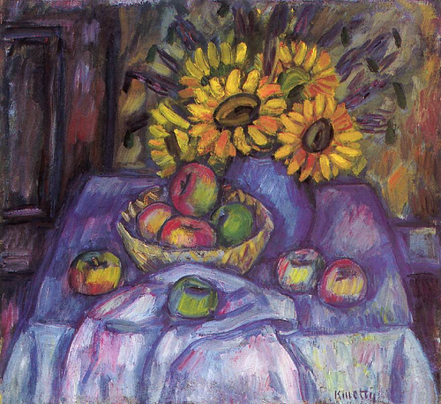 Still Life with Apples and Sunflowers - Kmetty János Tablo
