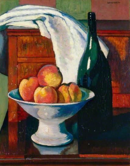 Still Life with Fruit and a Bottle (1912) - Edward Wadsworth Tablo