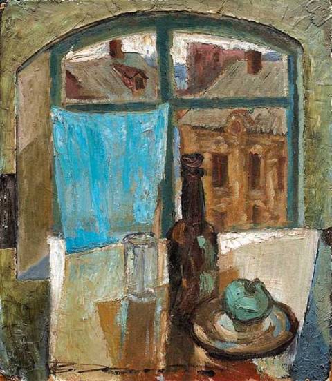 Still Life with a Curtain - Valentin Khrushch Tablo