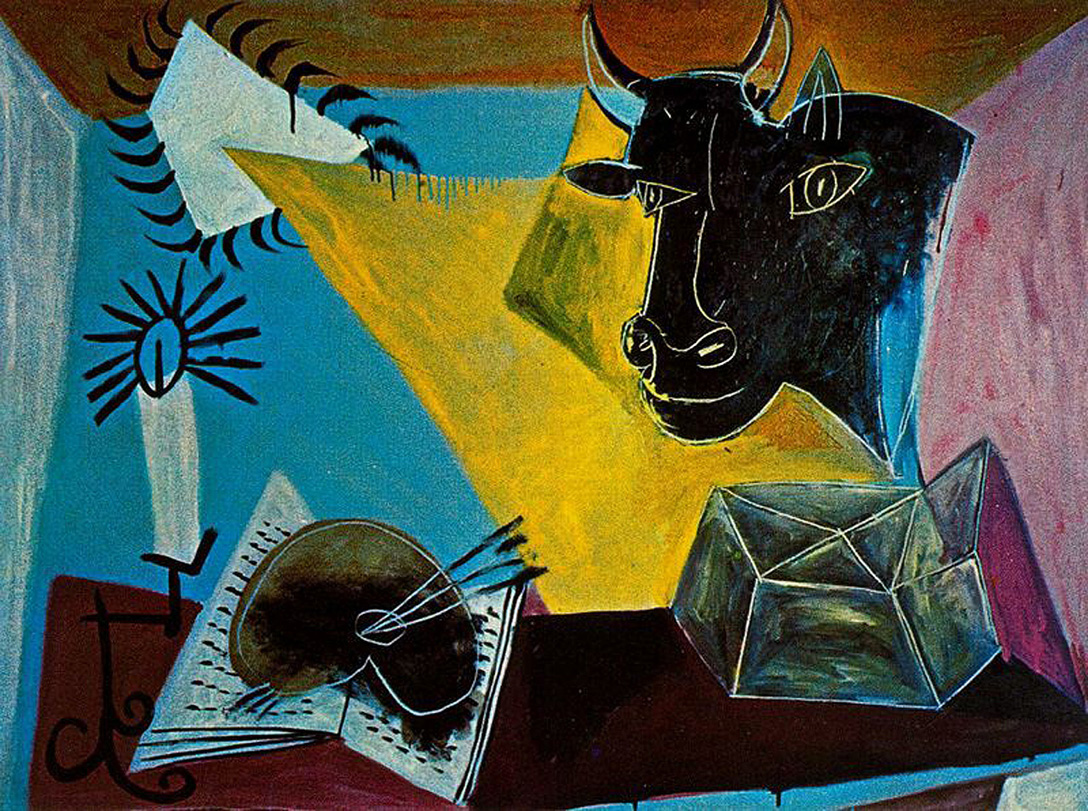 Still life with a bull's head, book and candle range (1938) - Pablo Picasso Tablo