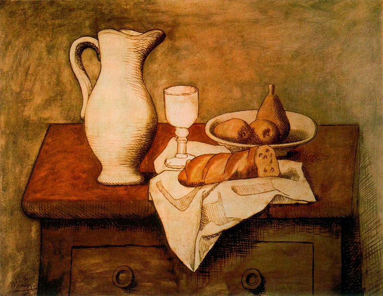 Still life with jug and bread (1921) - Pablo Picasso Tablo