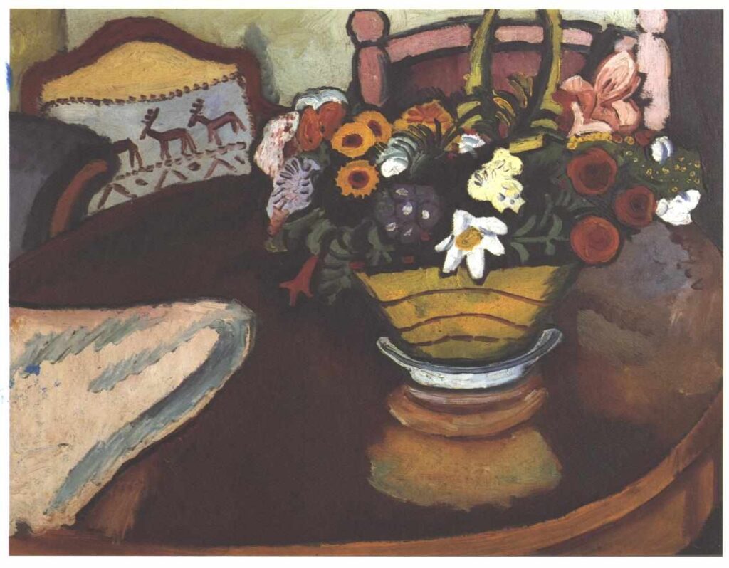 Still life with pillow with deer décor and a bouquet (1911) - August Macke Tablo