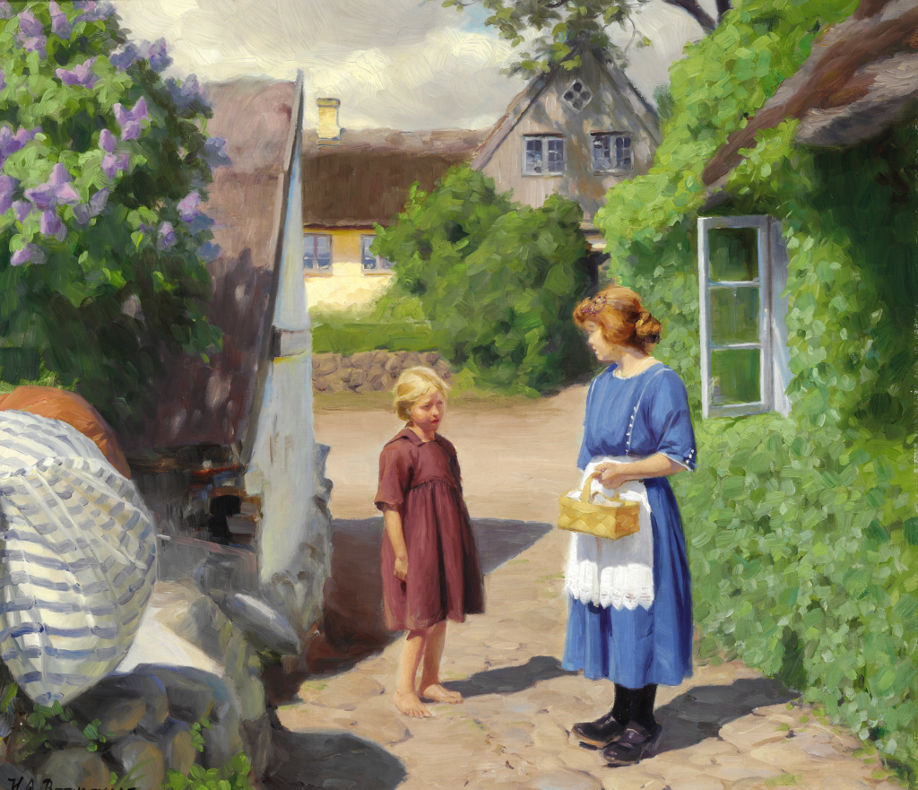 Summer Day in Jyllinge. Lilacs in Bloom and Little Girls in the Village Street (1922) - Hans Andersen Brendekilde Tablo