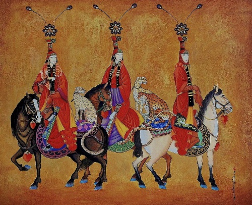 The Three in Folk Dresses on Horses – Zaya Tablo