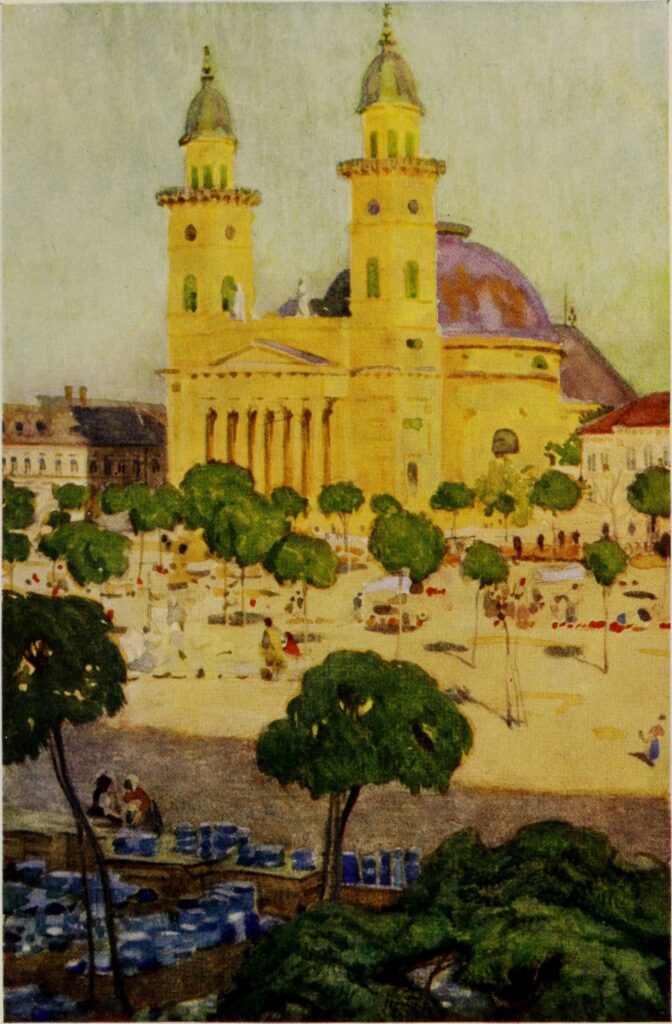 The cathedral and square, Szatmar (1909) - Marianne Stokes Tablo