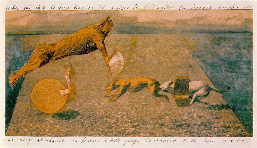 The dog that craps dog wearing well despite the difficult terrain caused by heavy snow in the woman’ – Max Ernst Tablo