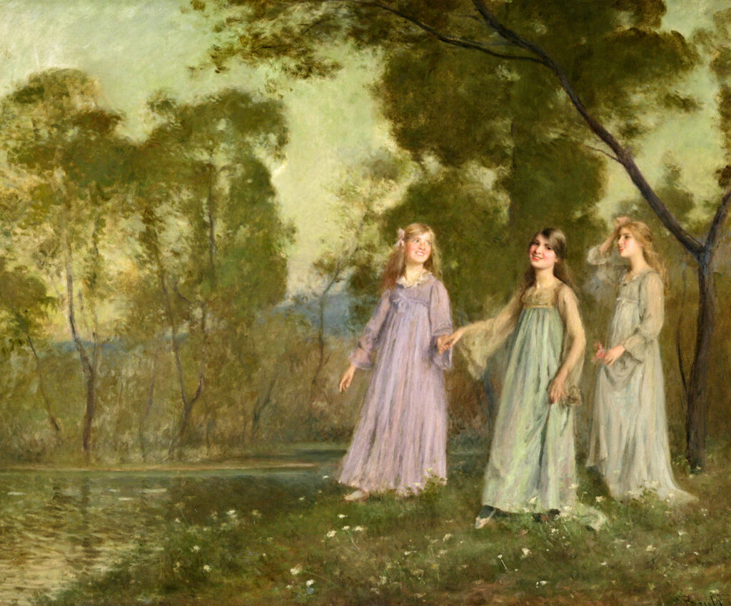 Three Girls at the edge of the river - Joan Brull Tablo