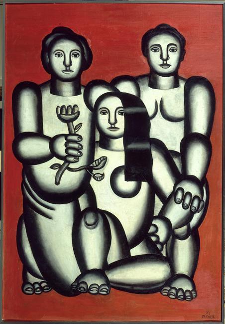 Three girls on red background (composition with three women) (1927) - Fernand Léger Tablo