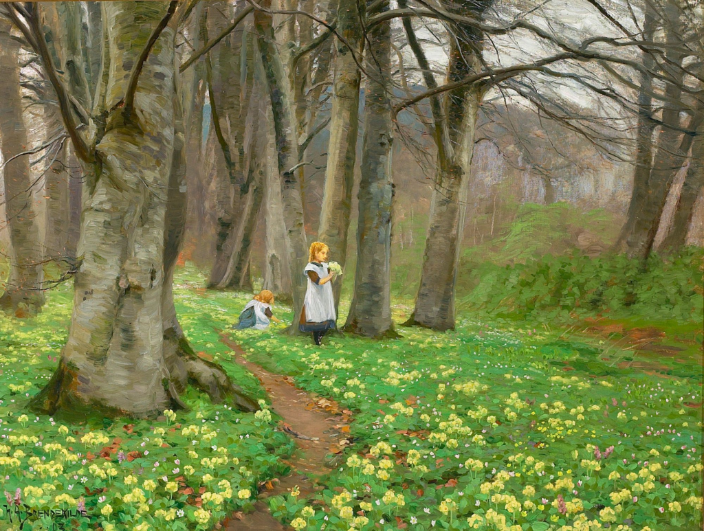 To Piger Plukker Blomster I Forårsskov. (1903) - Hans Andersen Brendekilde Tablo