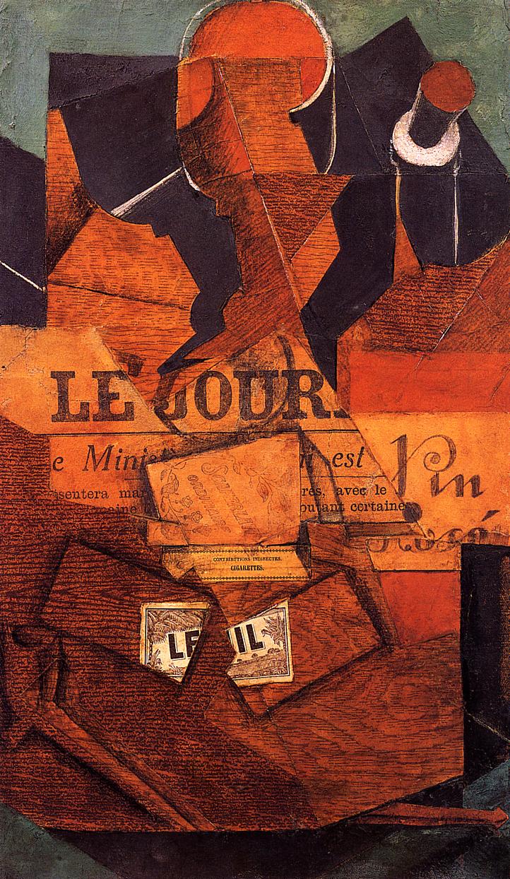 Tobacco, Newspaper and Bottle of Wine (1914) - Juan Gris Tablo