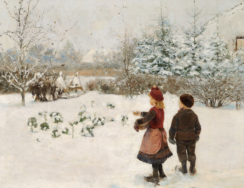 Two Children Feeding Birds in the Snow - Hans Andersen Brendekilde Tablo