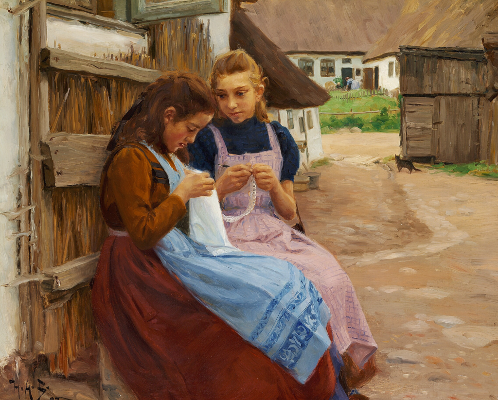 Two Girls with Needle work Sitting in a Farm Yard (1902) - Hans Andersen Brendekilde Tablo