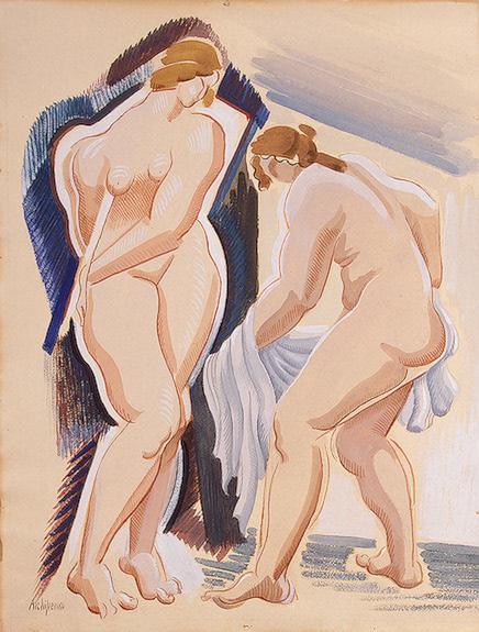 Two Nude Female Figures with a Cloth (1921) - Olexandr Archipenko Tablo
