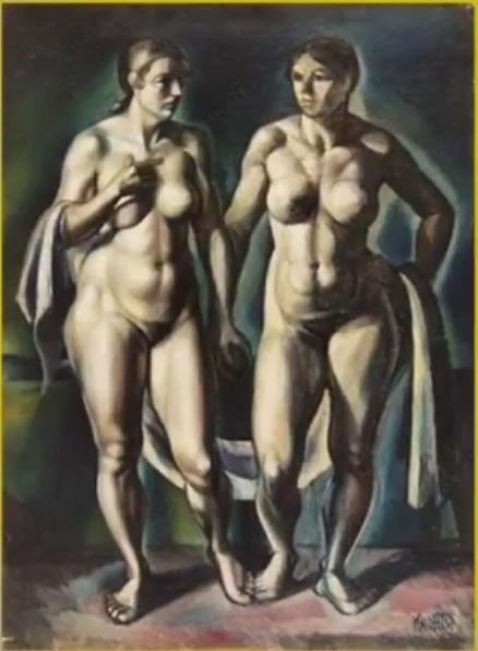 Two Standing Nudes with Drapery (1918) - Kmetty János Tablo