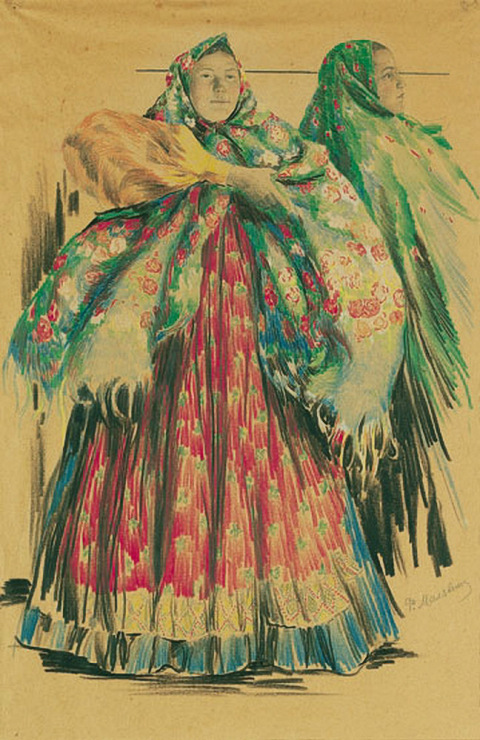 Two young peasant women in colorful shawls – Filipp Malyavin Tablo