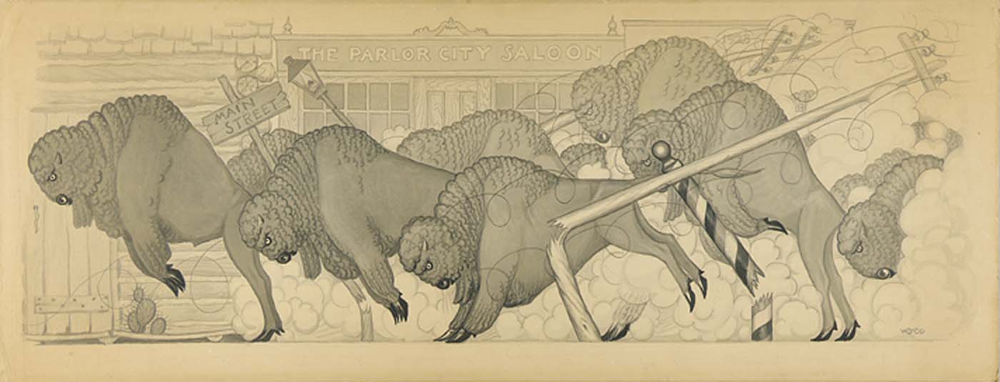 Untitled, from suite Savage Iowa (Buffalo Stampede) (1923) - Grant Wood Tablo