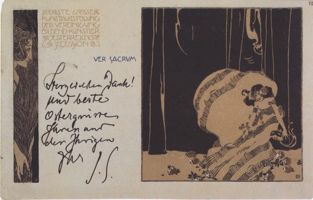 Ver Sacrum postcard nr. 12 I. Secessionausstellung with greeting line of the art historian Julius vo (1898) - Koloman Moser Tablo