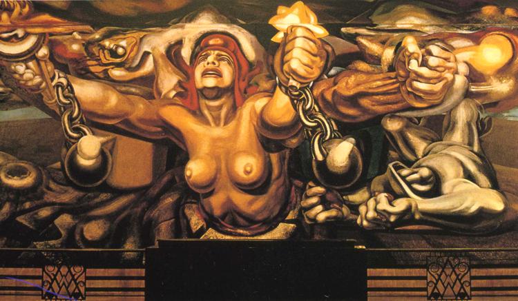 View of a mural depicting Democracy breaking her chains (1934) – David Alfaro Siqueiros Tablo