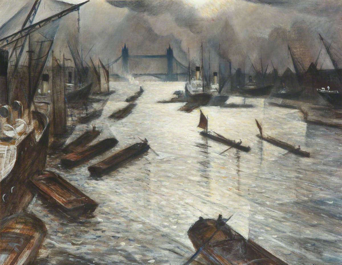View on the Thames (Tower Bridge from the Pool of London) (1930) - C. R. W. Nevinson Tablo