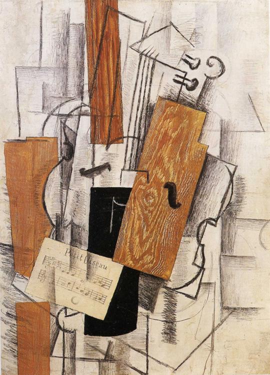 Violin and Sheet Music on a Table (Petit Oiseau) (1913) - Georges Braque Tablo