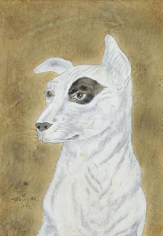 White dog, dark circle around one eye – Tsuguharu Foujita Tablo