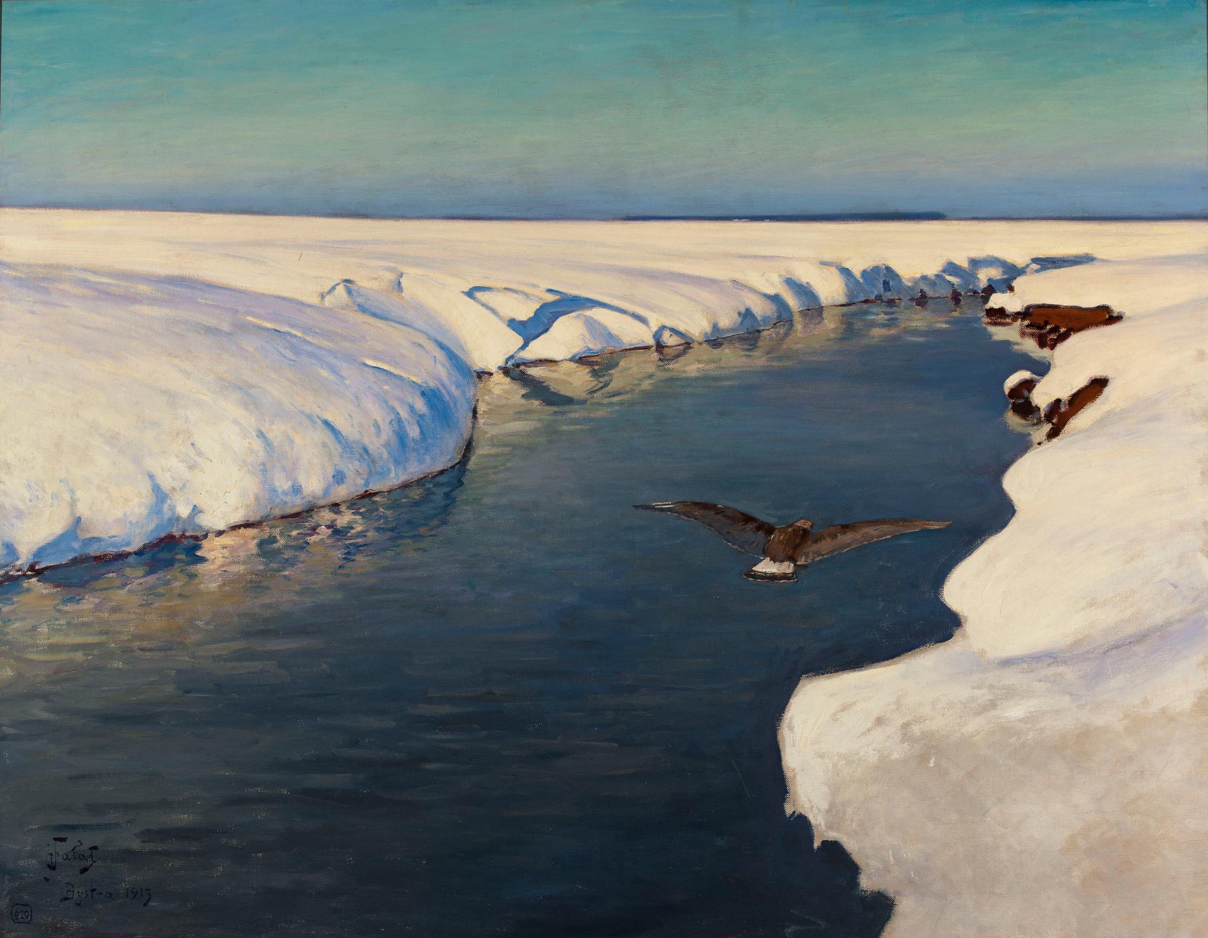 Winter Landscape With River And Bird (1913) - Julian Fałat Tablo