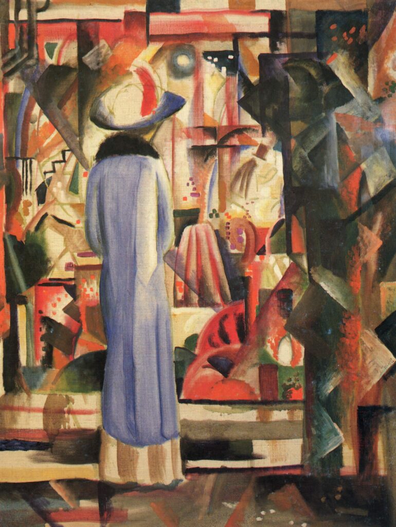 Woman in front of a large illuminated window - August Macke Tablo