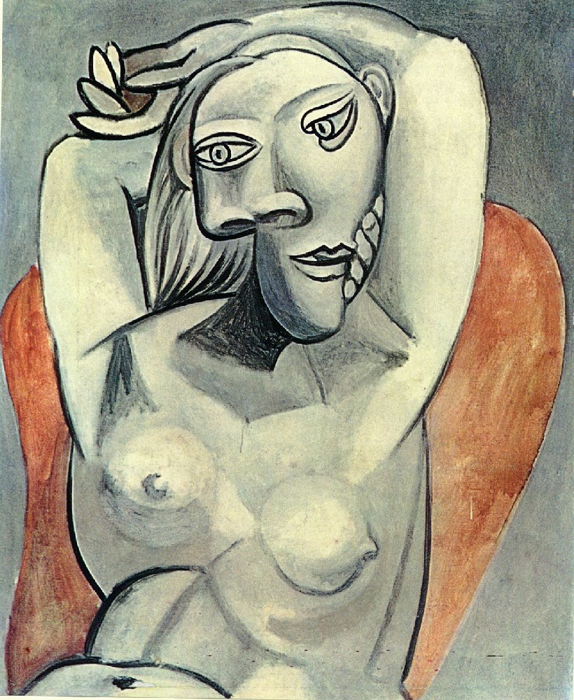 Woman sitting in red armchair (1939) - Pablo Picasso Tablo