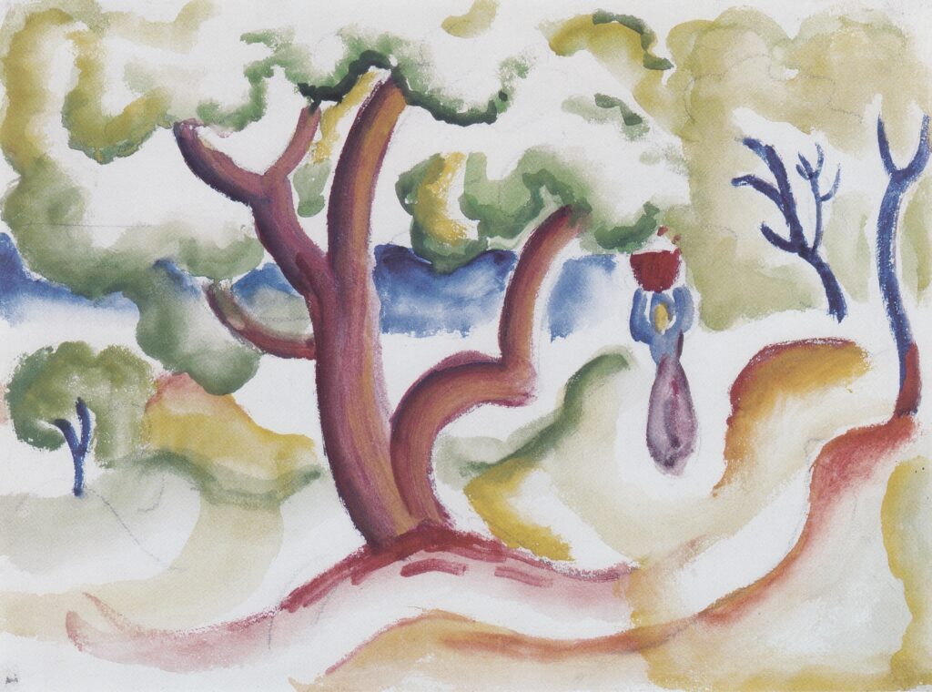 Woman with pitcher under trees (1912) - August Macke Tablo