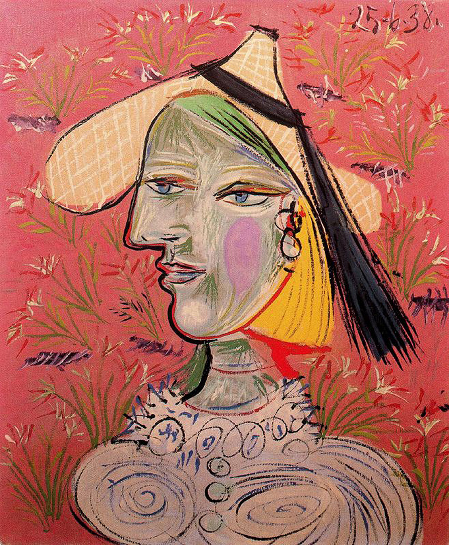 Woman with straw hat on flowery background (1938) - Pablo Picasso Tablo