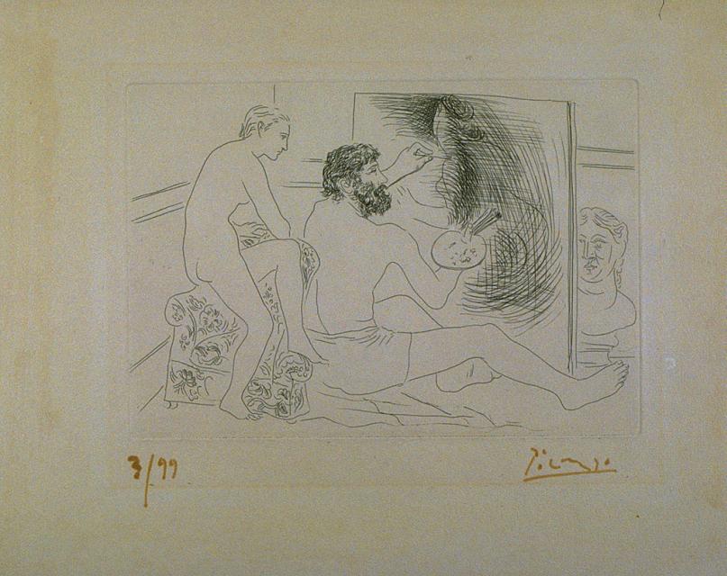 Working painter observed by a nude model (1928) - Pablo Picasso Tablo