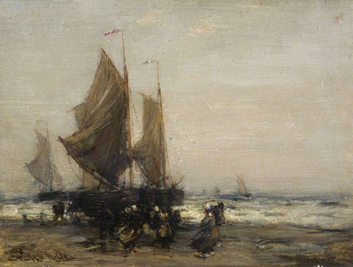 A Grey Day with Dutch Fishing Boats - James Campbell Noble Tablo